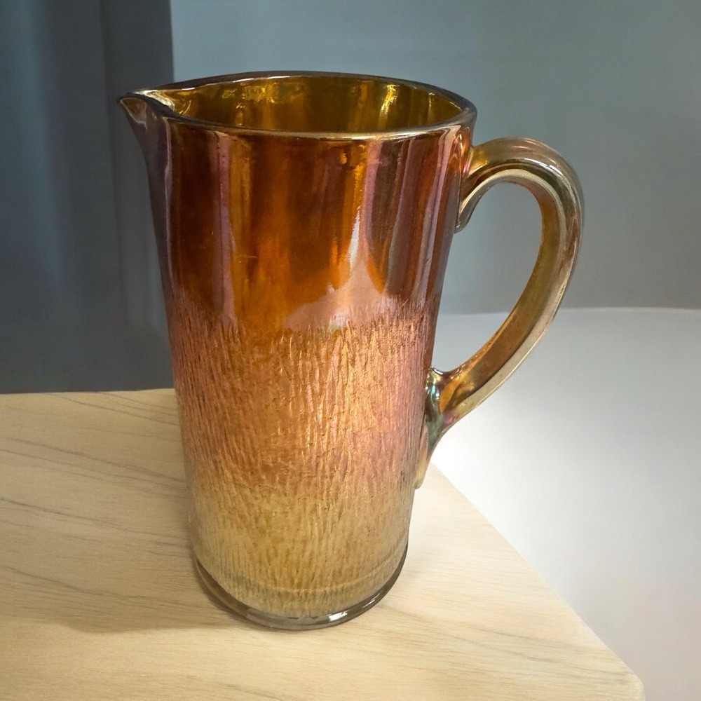 Carnival Pitcher‎ Vintage Iridescent Peach Marigold Ribbed Bark Glass Jeanette